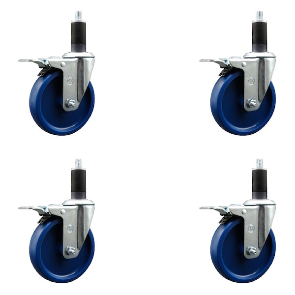 5'' Solid Poly Swivel 1-1/4'' Expanding Stem Caster Set Total Lock Brake, 4PK